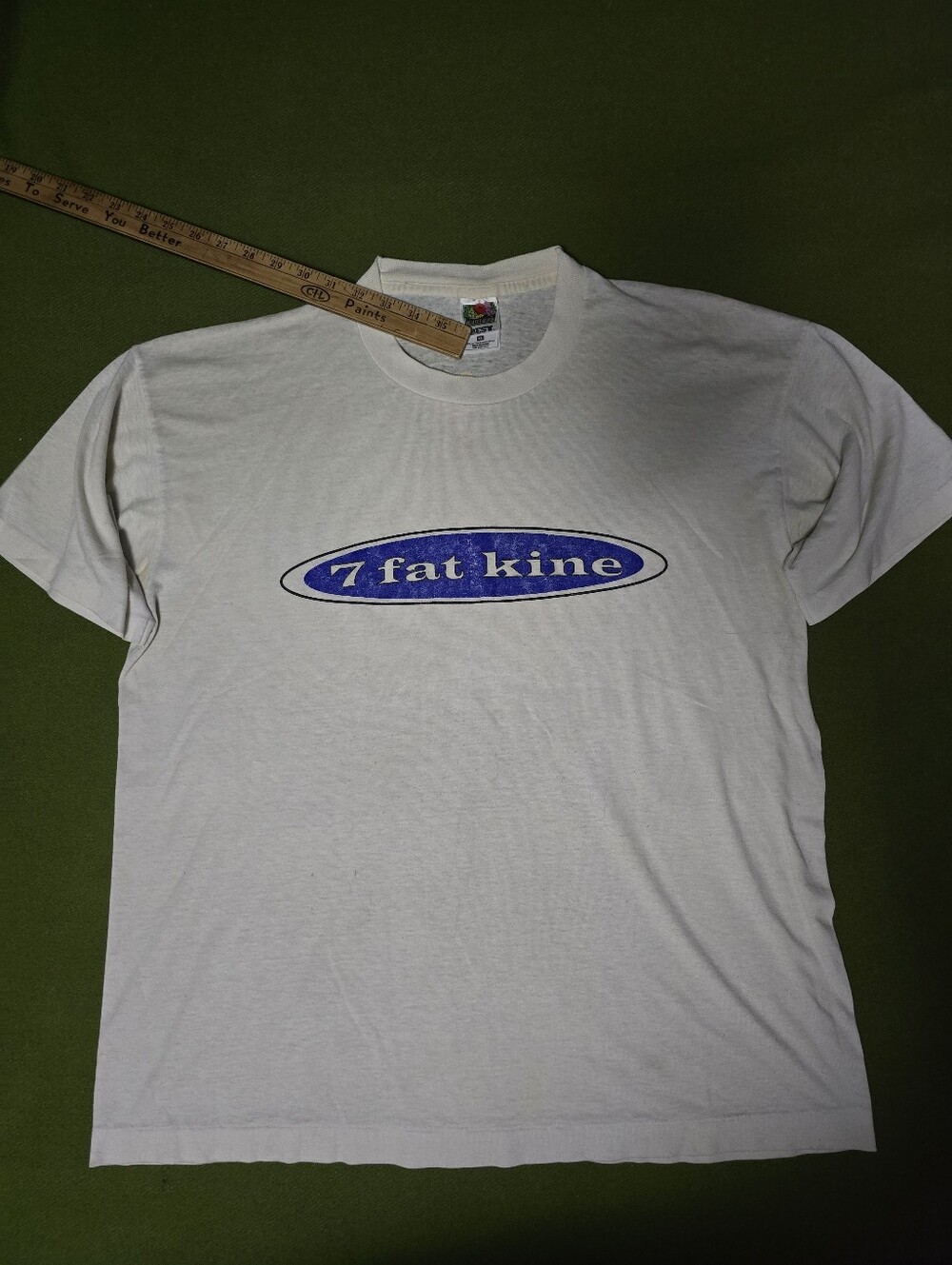 Vintage 90's Fruit of the Loom White Tee with Blue '7 fat kine' Chest Graphic